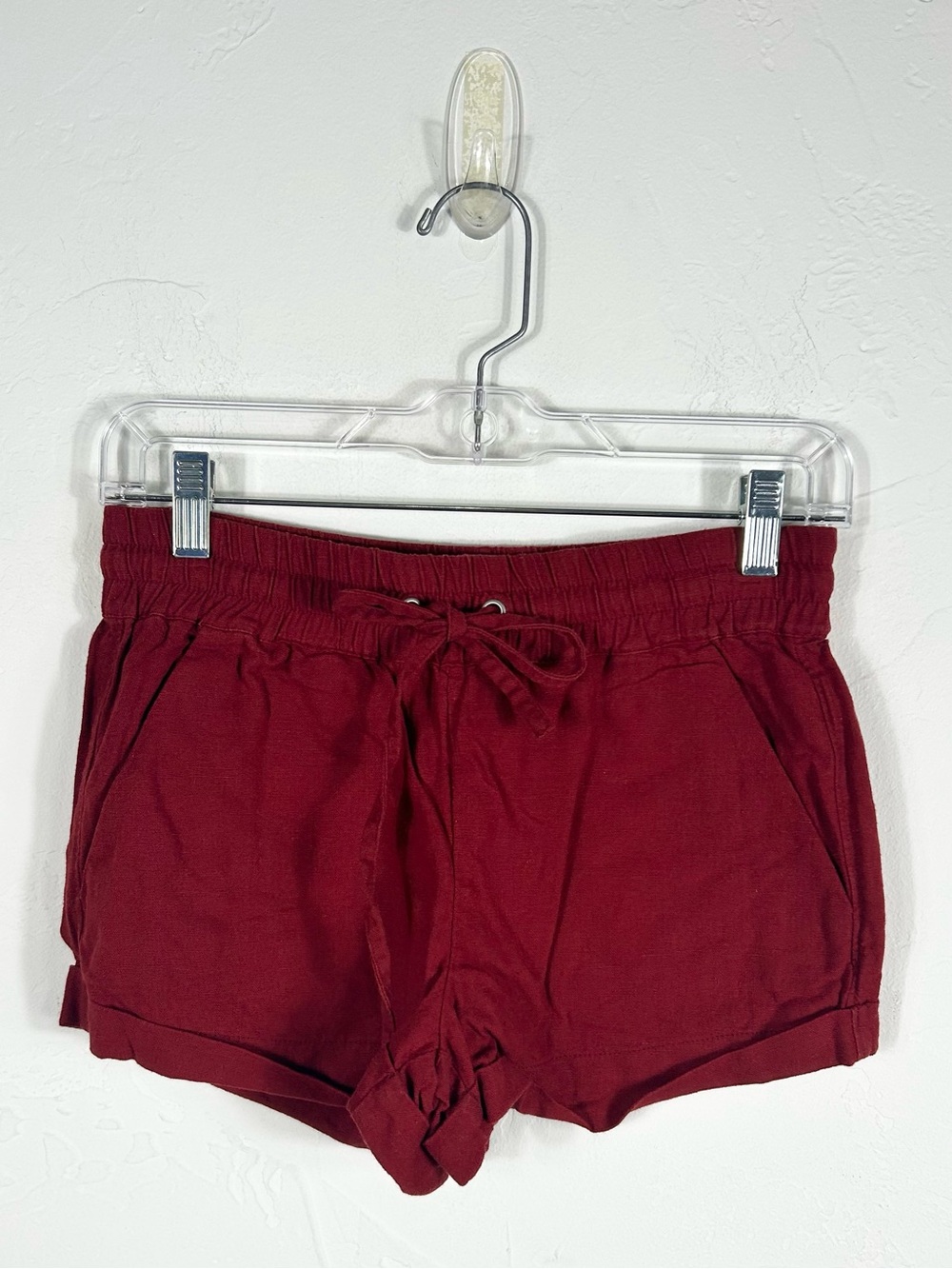 Forever 21 Burgundy Red Linen Blend Drawstring Cuffed Shorts Women's XS